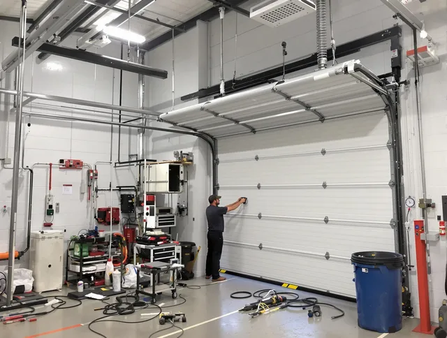 Lynnfield Garage Door Repair certified technician performing commercial door repair at a Lynnfield business facility