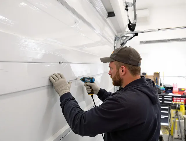 Lynnfield Garage Door Repair technician demonstrating precision dent removal techniques on a Lynnfield garage door