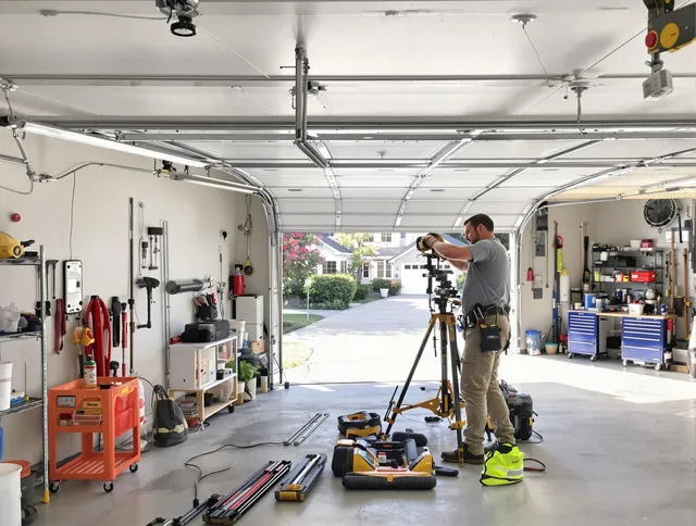 Lynnfield Garage Door Repair specialist performing laser-guided track alignment in Lynnfield